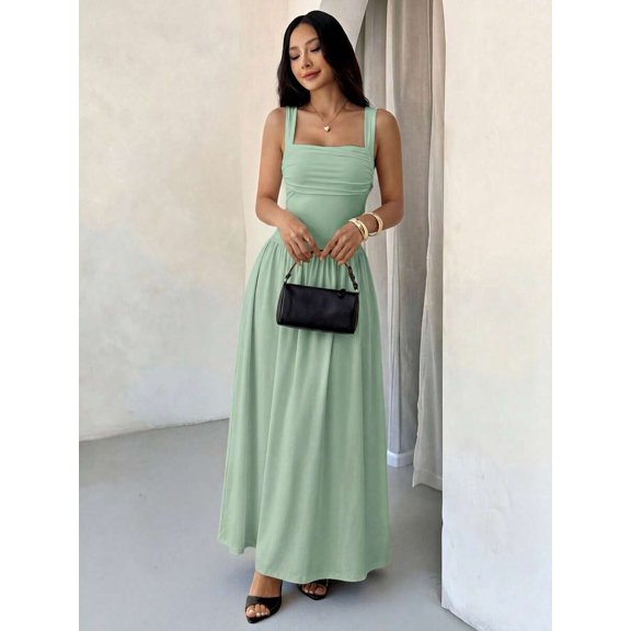 Petite Womens Mint Green Solid Square Neck Ruched Flared Maxi Dress For Spring Summer
