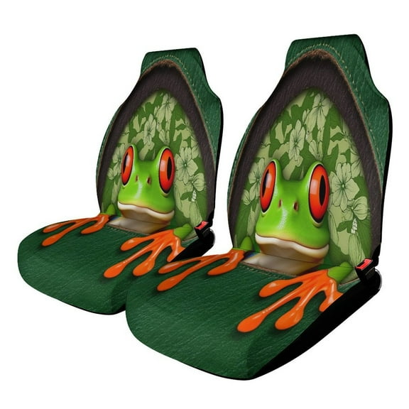 Frog Peeking Through Green Car Seat Cover Set Auto Front Bucket Cushion Protect Accessories 2 Piece