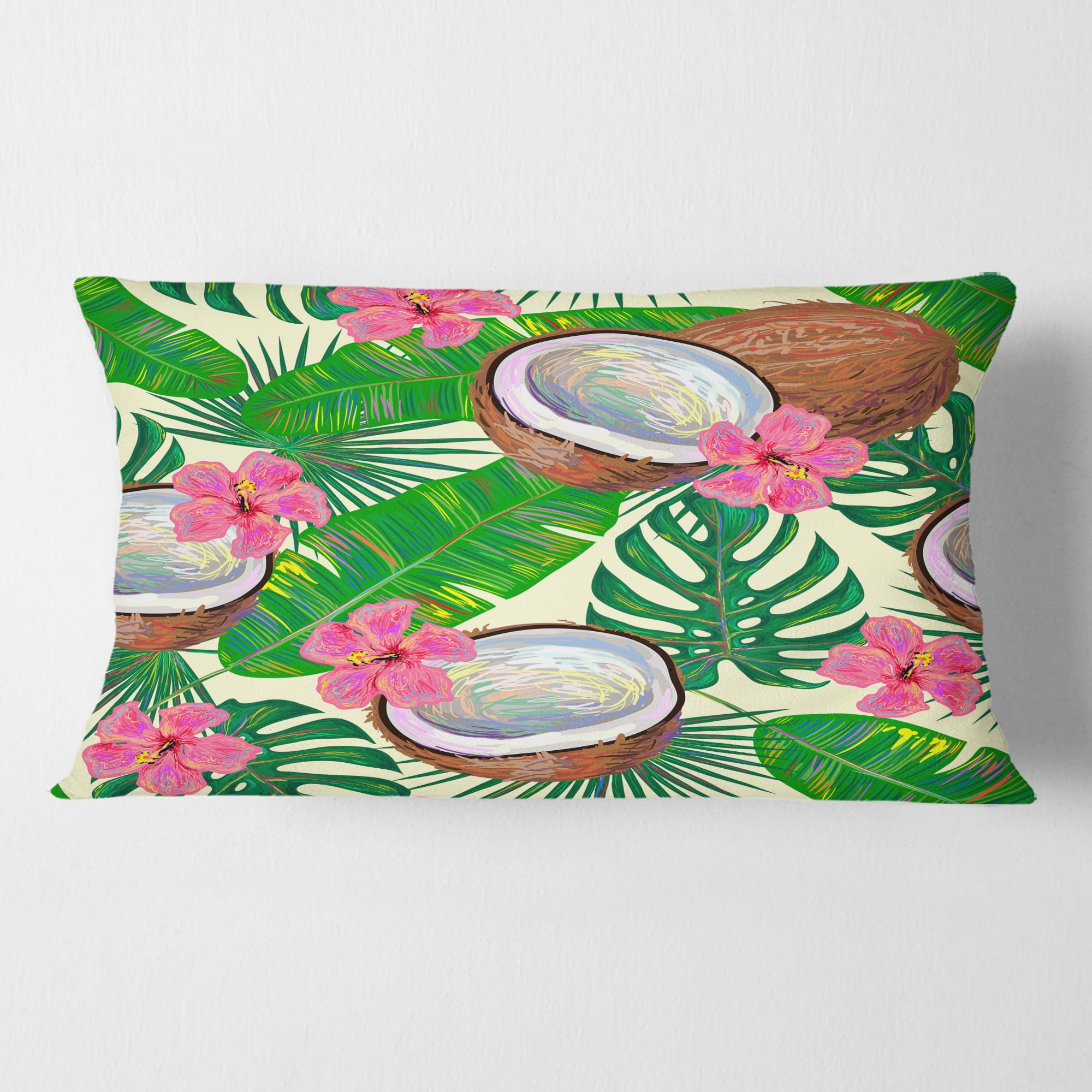 Designart Tropical Cooconut and Jungle Flowers' Mid-Century Modern Throw Pillow - 12x20