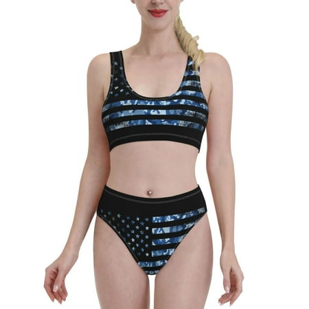 Bixox Navy Camouflage American Flag Pattern Two-Piece Sports Bikini with U-Shaped Top and High-Waist Bottom - Women s Swimwear with Removable Bra Pads