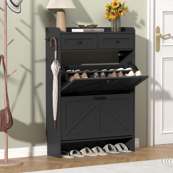 Rustic Farmhouse Shoe Cabinet with 2 Flip Drawers & 2 Storage Drawers, Slim MDF