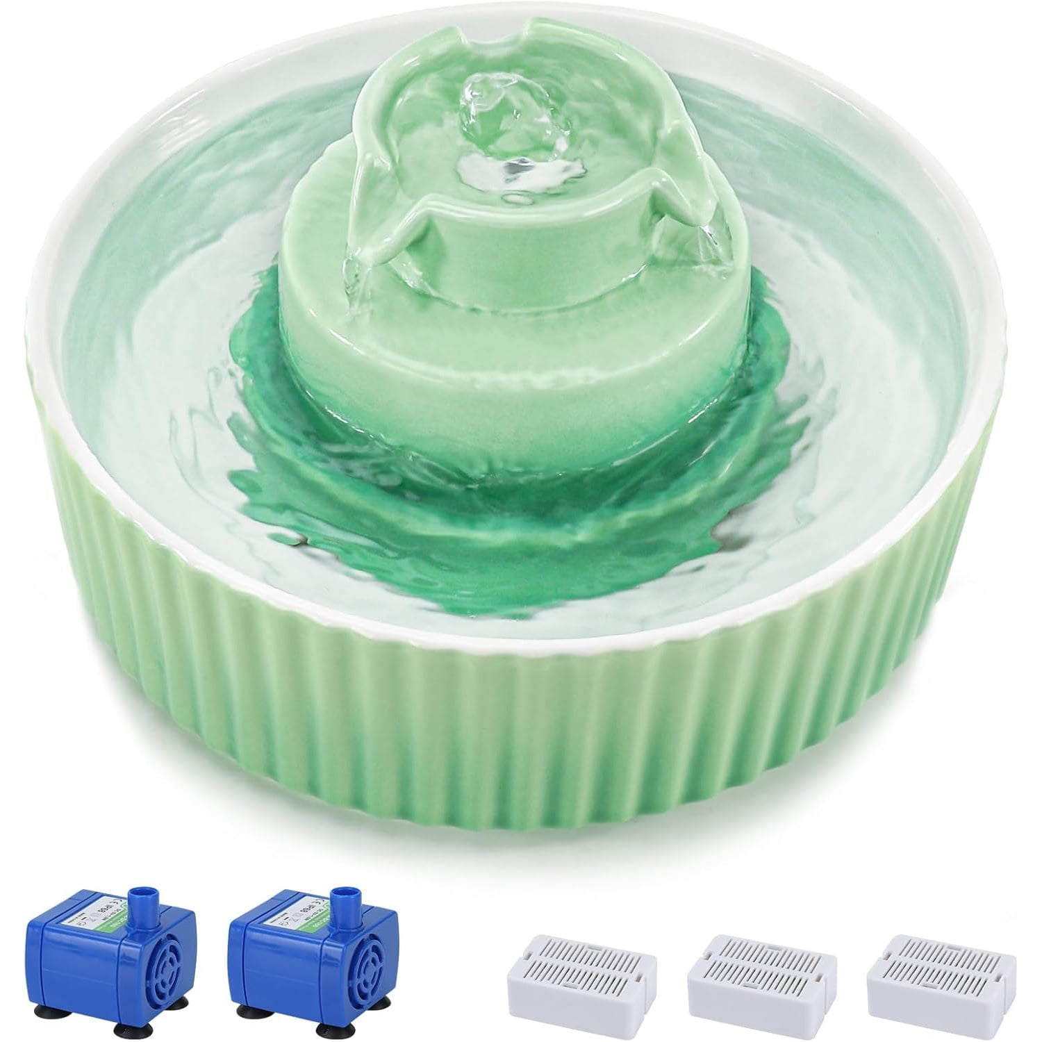 Ceramic Cat Water Fountain, 2.1L/71oz Cat Fountain with 3 Carbon Filters and 2 Water Pumps, Cupcake Pet Water Fountain for Cats and Dogs (Green)