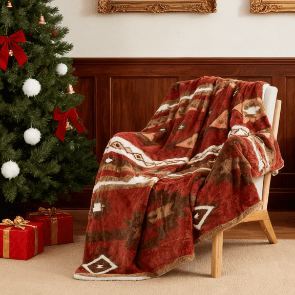 Home Soft Things Christmas Southwest Faux Fur Sherpa Throw - Brick Red - 60" x 80"Jumbo