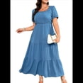 thumbnail image 3 of Vestido Holgado con Cuello Cuadrado y Volantes para Mujer, Informal, con Espalda Fruncida, Sin Mangas, para Playa y Sol. Azul Mar L, 3 of 9