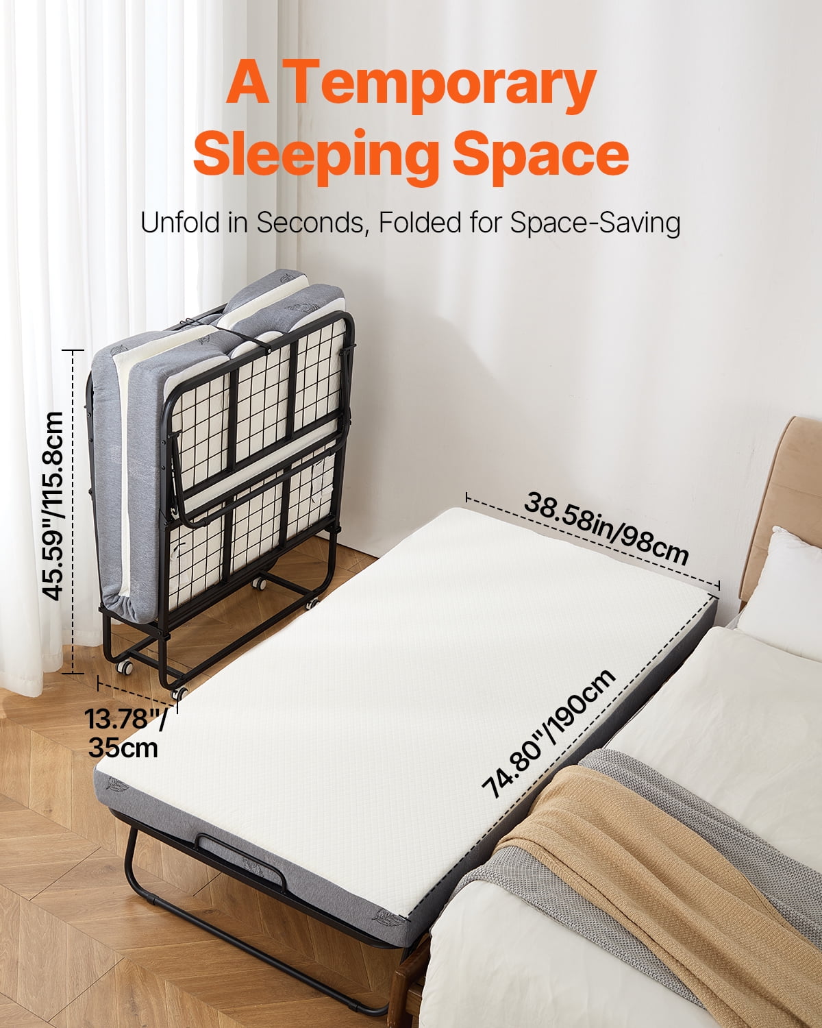 KFFKFF Rollaway Bed, 38 in x 75 in Folding Bed with 5 in Mattress, Twin Size Foldable Bed with Durable Metal Frame & Memory Foam Mattress, Portable Twin Roll Away Bed with Mattress, for Adults, Guest