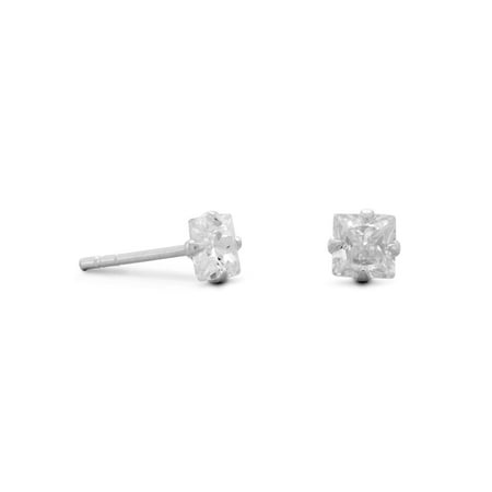 Childrens Sterling Silver Birthstone Earrings - 4mm Square Cubic Zirconia CZ Stud Earrings Childrens Mens Sterling Silver