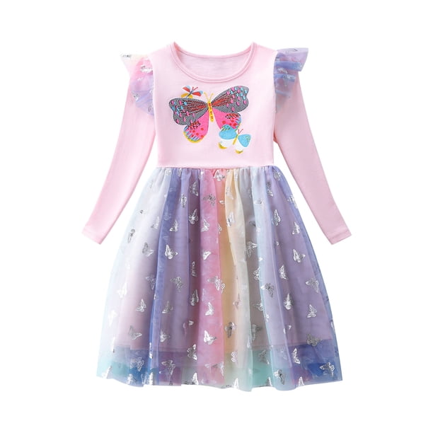Odeerbi Vestido de Tul Con Lentejuelas Arco Iris Para Niñas Mariposa Imprimir Sparkly Vestido Niños Color Sólido Malla Vestido de Manga Larga