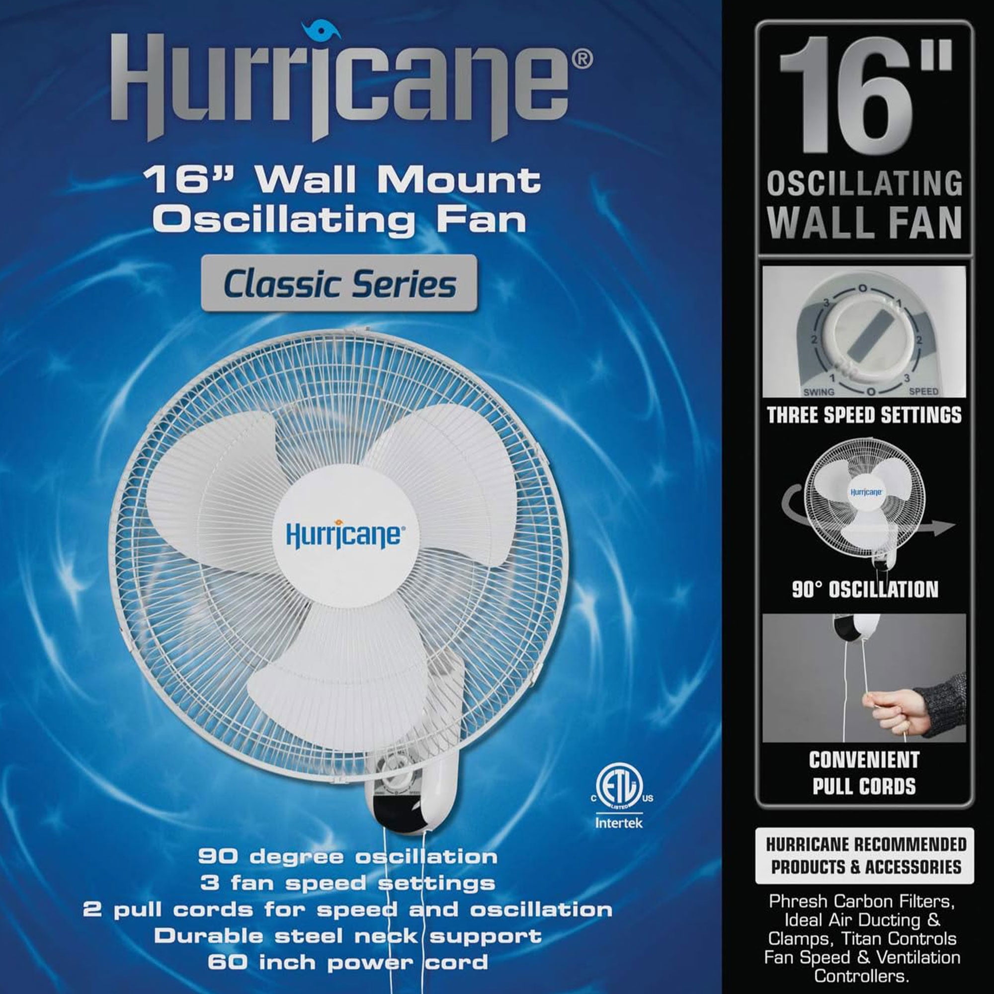 Hurricane Classic 16 Inch 90 Degree Oscillating Wall Mounted Fan, White