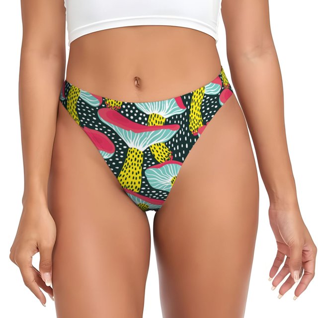 Balery Green Mushroom Tangas de Algodón para Mujer con Estampado – Ropa Interior Sexy, Transpirable, G-string-Large