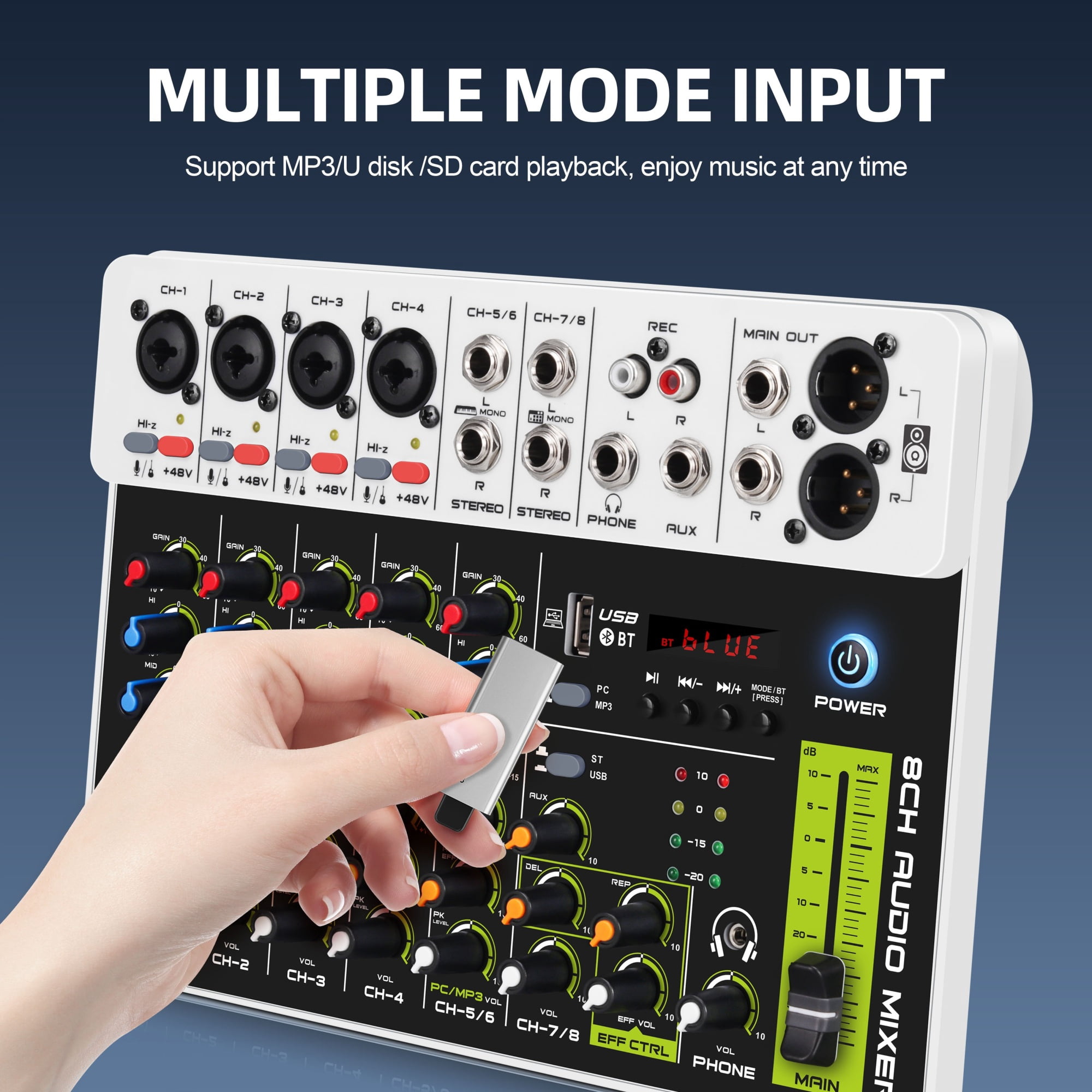 Interface Mixer, DJ Console with Bluetooth 5.0 USB Phantom Power, Delayed Playback Effects