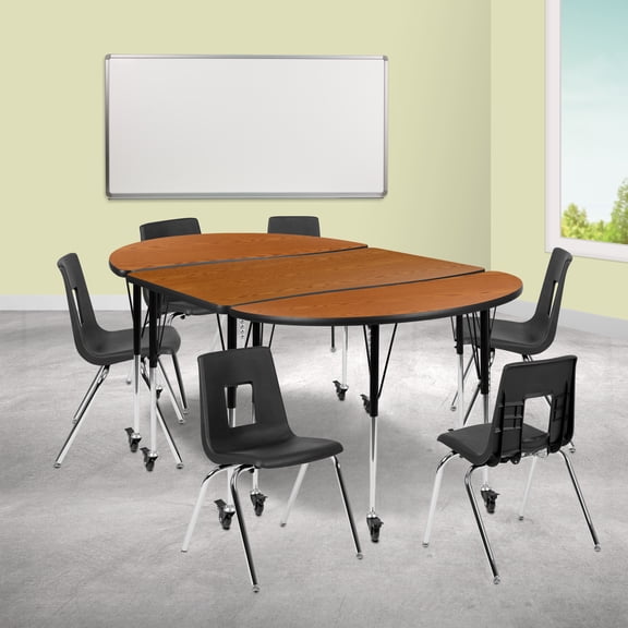 BizChair Mobile 76" Oval Wave Flexible Laminate Activity Table Set with 18" Student Stack Chairs, Oak/Black