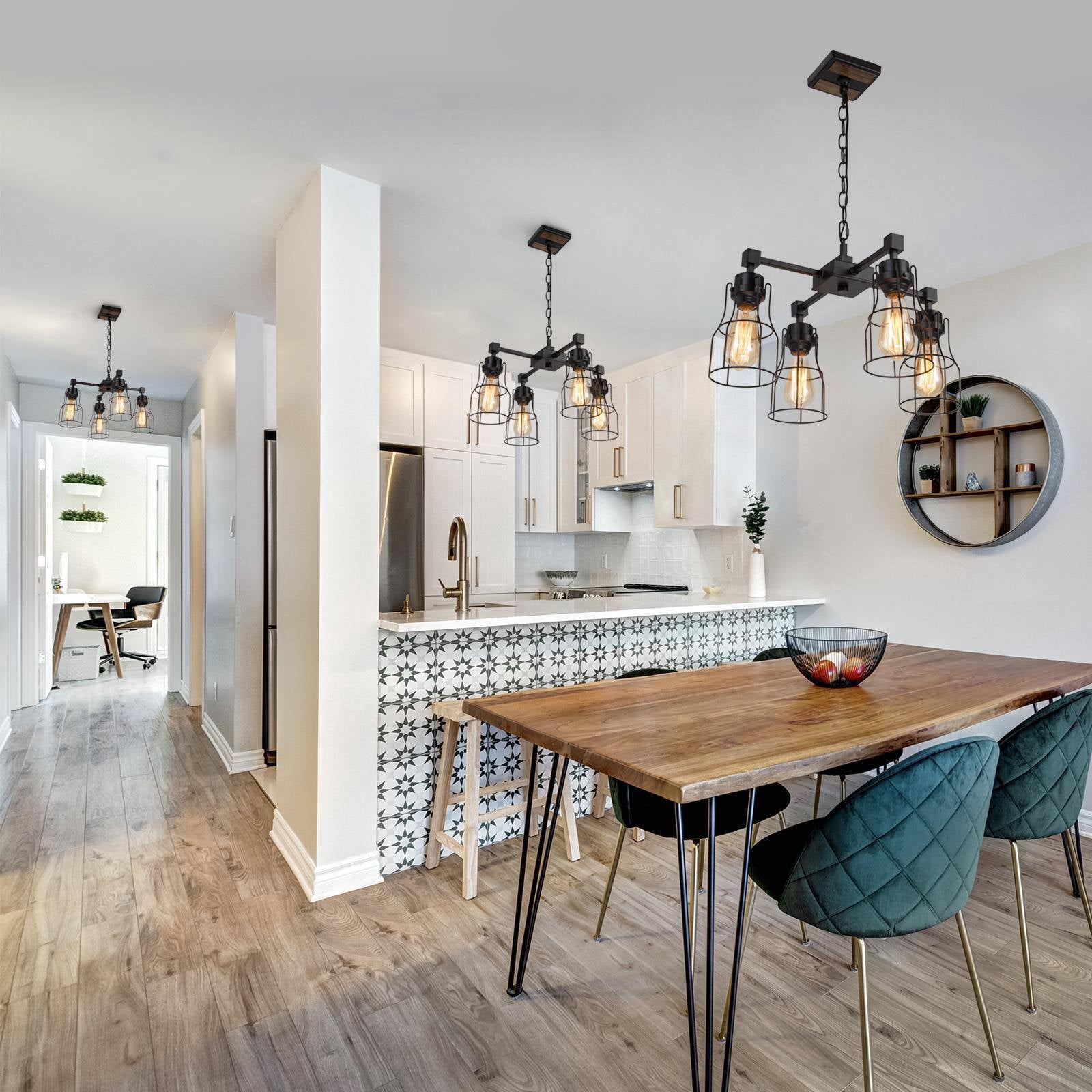 LNC 4-Light Black and Brown Wood Sputnik LED Pendant for Kitchen Island
