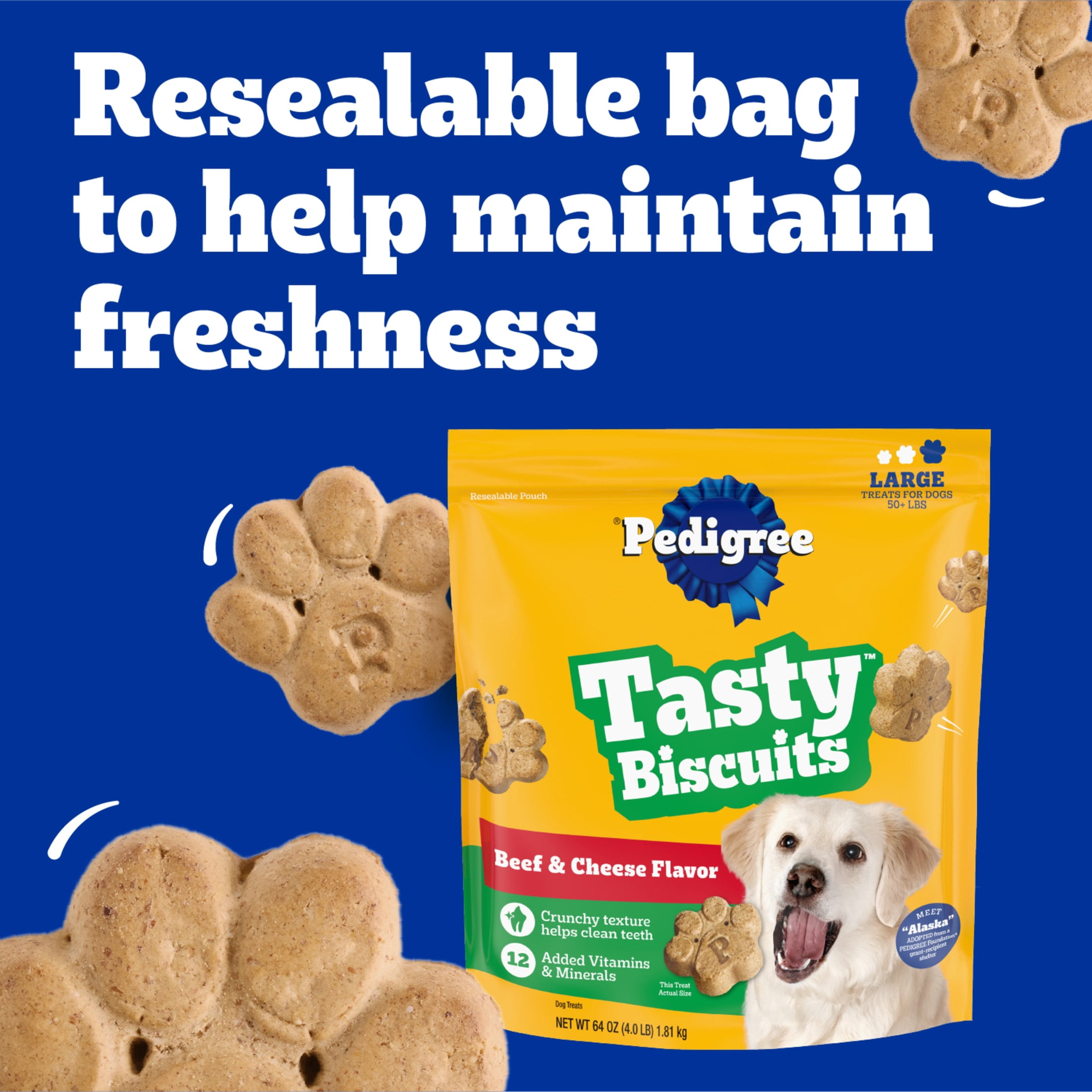 Pedigree Large Tasty Biscuits Dog Treats, Beef & Cheese Flavor, 64-oz Bag