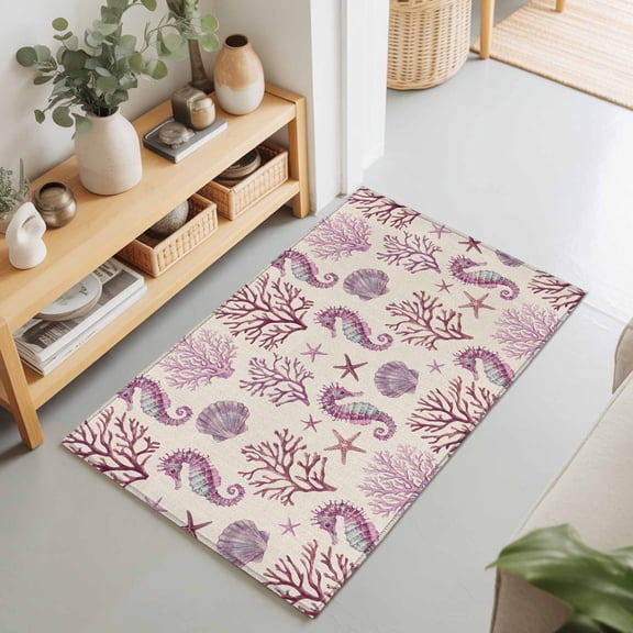 Ocean Coral Seahorse Shell Starfish Rectangle Area Rug 2x3ft,Living Room Rug Non-Slip Washable Circle Rugs Pad,Pink Marine Life on Burlap Soft Floor Carpet for Bedroom Dining Room