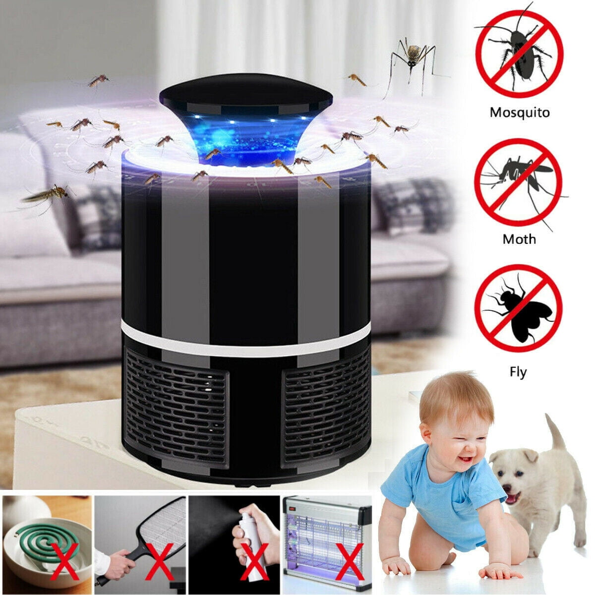 Electric Mosquito Insect Killer/mosquito trap/Bug Zapper with 360 Degrees LED Trap Lamp,Strong Built in Suction Fan,USB Power Supply,Chemical-free and Quite for Infants,Pregnant,Children Black 