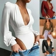 thumbnail image 3 of Women Vintage Puff Long Sleeve Bodysuit Sexy Plunge Deep V-Neck Solid Color Leotard Bodycon High Cut One-Piece Jumpsuit, 3 of 19