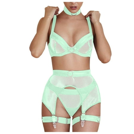 

BIZIZA Teddy Sexy Lingerie for Women Mesh Babydoll Bra and Panty Sets Lingerie Set with Garter Green S