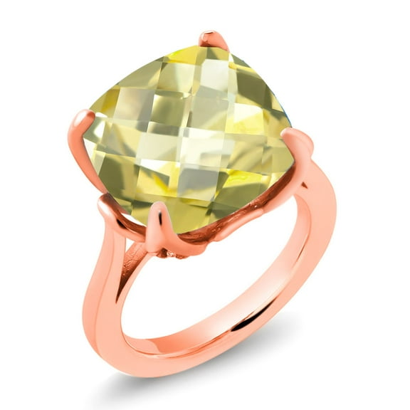 Gem Stone King 18K Rose Gold Plated Silver Yellow Lemon Quartz and White Lab Grown Diamond Engagement Ring for Women (9.10 Cttw, 14MM Cushion Checkerboard, Size 8)