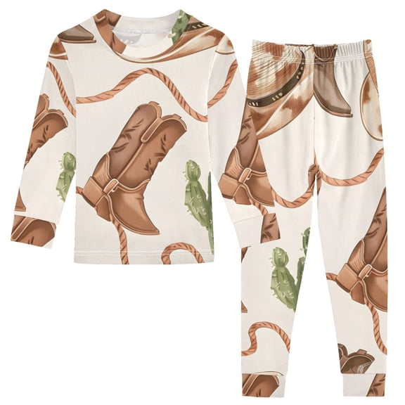 Western Cowboy Hats Ropes Boots Cactus Cotton Pajama Set Long Sleeve Top and Pants Sleepwear Unisex 18M