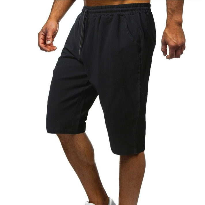 Men's Long Linen Shorts Below Knee Pocketed 3/4 Summer Drawstring Capri ...