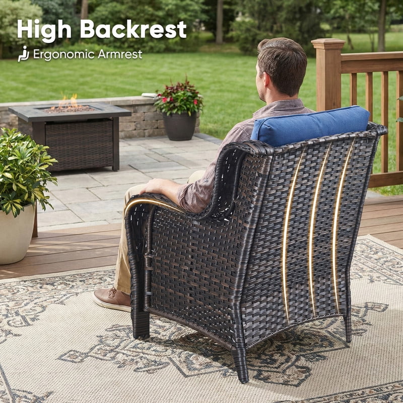 PARKWELL Outdoor Patio Wicker Furniture Set - 5 Piece Sectional Sofa Set with 3-Seat Sofa,2 Chairs and 2 Ottomans,Brown Wicker and Blue Cushion
