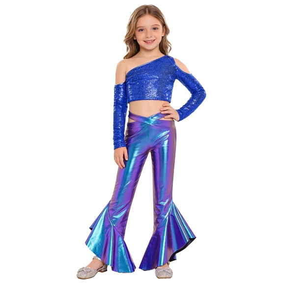 Sholeno Girls 2-Piece Disco Outfits Sequin Tassel Crop Top with Metallic Bell Bottoms Shiny Dance Pant Suit Royal Blue 12