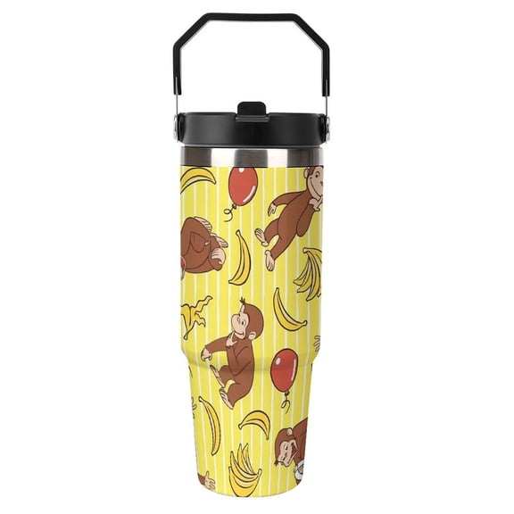30oz Tumbler with Handle And Flip Straw Lid Curious George Stainless Steel Bottle Double Wall Insulated Travel Coffee Mug