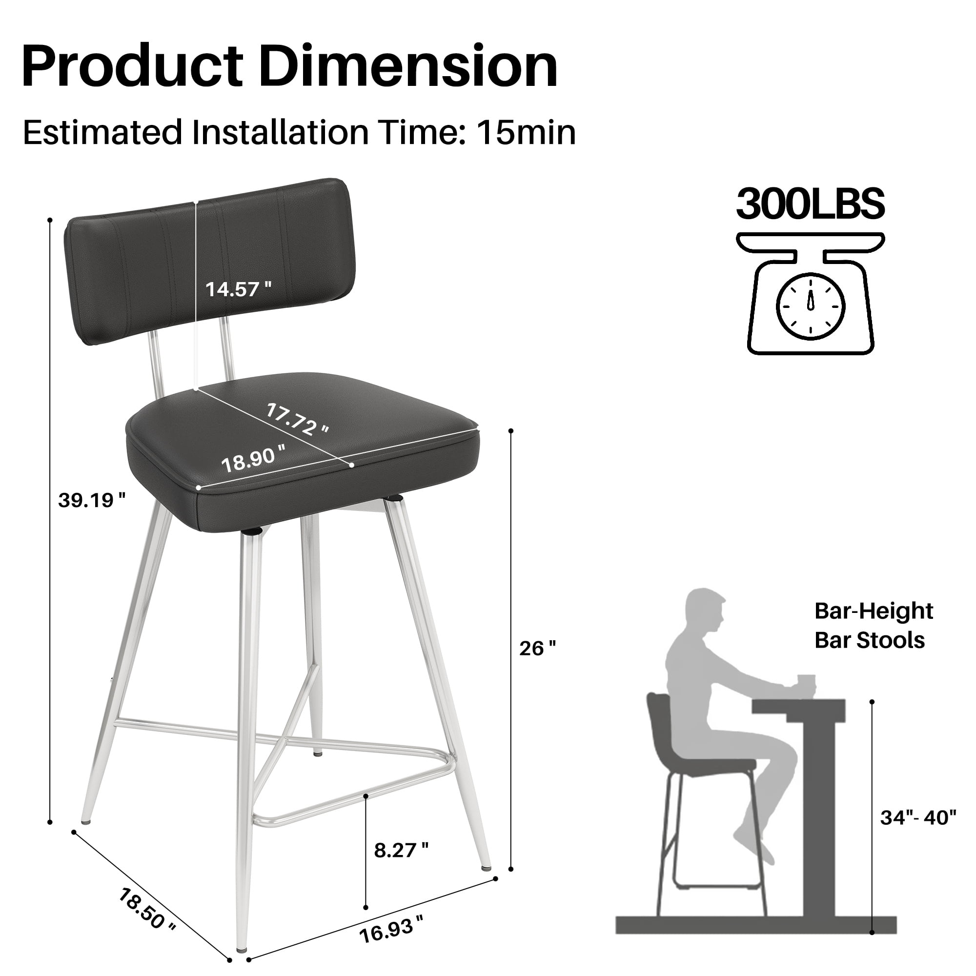 Ninecer Bar Stools Set of 3, Kitchen Counter stools with Backs and Metal Legs, 26" Black Leather Swivel Barstools for Counter Height