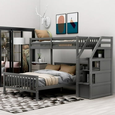 Twin Over Full Bunk Bed, Wood L-Shaped Bunk Beds with Storage Stairs,Bunk Bed Frame with Guardrails and Ladder,Gray