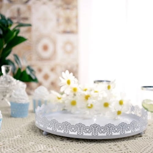 12 White Plastic Round Premium Decorative Serving Tray With Embellished Rims Com Decorative Serving Tray, White Plastic Round Serving Tray
