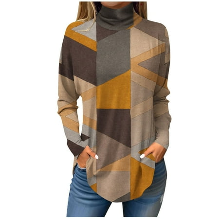 UoCefik Dress Shirts for Women Long Sleeve Turtleneck Tunic Tops Fall Color Block Mock Neck Blouses Plus Size Winter Pullover Sweatshirts Winter Loose Fit Clothes Orange XXL