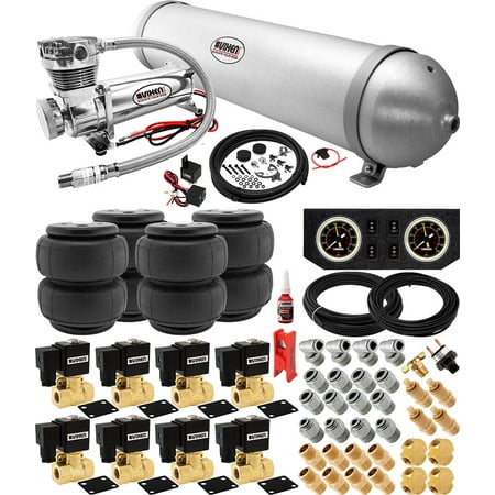 8 Valve Full Suspension System with 5 Gallon (18 Liter) Aluminum Tank, 200 PSI Chrome Compressor, Four 2600-type Airbags, Gauges, Fittings and Hoses (Best Air Suspension For Towing)