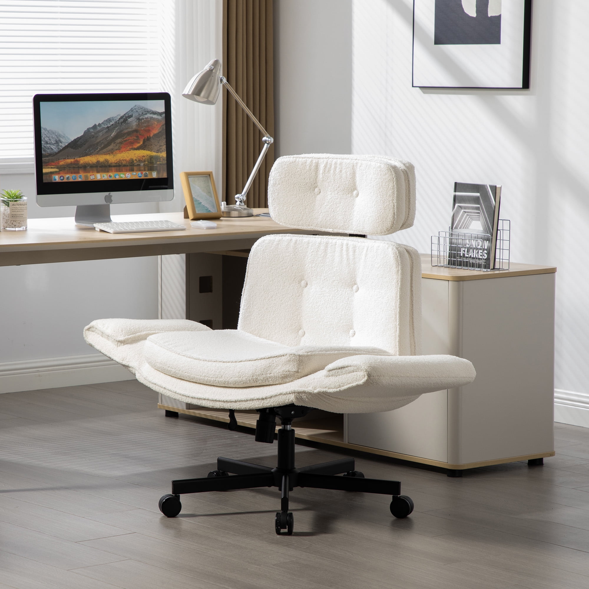 Cross Chair with Adjustable Armrests & Wheels & Headrest, Lounge Vanity Desk Chair with Wide Seat for Cross-Legged Sitting, Swivel Task Office Chairs for Home, Makeup, Gaming, Office, Ivory