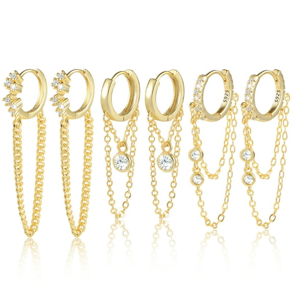 Alexcraft 14K Gold Plated Sterling Silver Posts Drop Dangle Chain Earrings for Women | Dangling Chain Studs | Cubic Zirconia Ball Threader Earrings for Women Gift