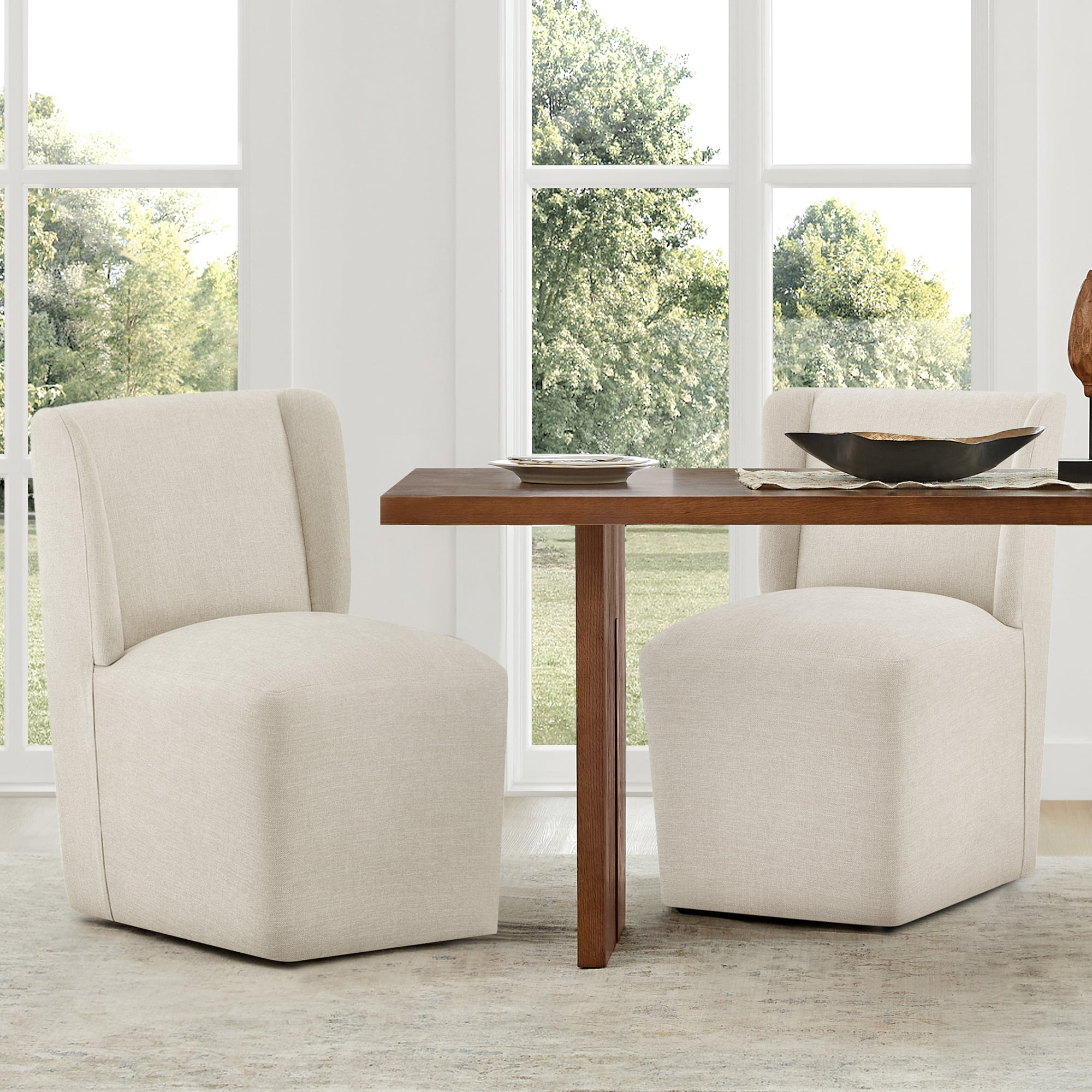 Spruce & Spring Anywhere Upholstered Dining Chair with Hidden Detachable Casters, Stain-Resistant Linen-Look Fabric, Beige