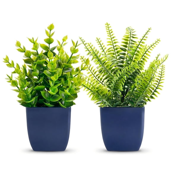 Artificial Plants 2 Pack, Small Fake Plants in Blue Pots, Faux Plants Indoor for Home Decor, Bathroom Living Room Kitchen Office Desk Decor, Farmhouse Wall Decor, Navy Blue
