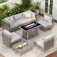 thumbnail image 3 of patio 8-Piece Patio Furniture Set with 43" Fire Pit Table, Outdoor Conversation Set & 60,000 BTU 43 Inch Rectangle Propane Fire Pit with Water Resistant Grey Thick Cushions, Grey, 3 of 27