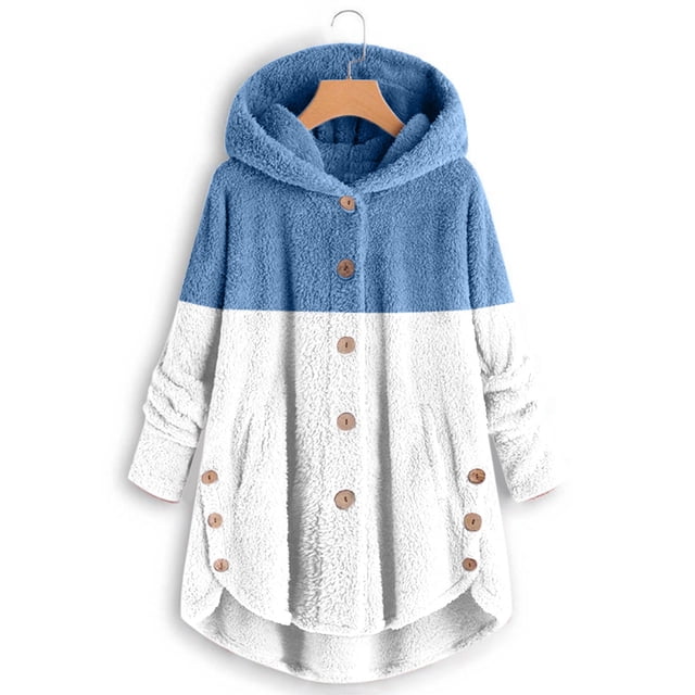 EGNMCR Winter Coats for Women Warm Lightweight Fleece Plush Button Hooded Jacket Comfy Color Block Patchwork Wool Coats with Pockets