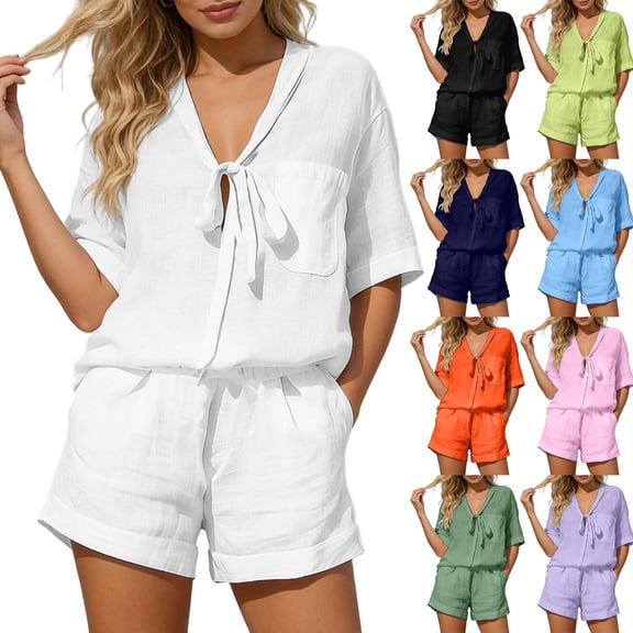 XFeng Linen Shorts Sets Women 5 Piece V Neck Breathable Loose Fit Outfits Summer Lounge Sets for Travel Beach Vacation,White,S