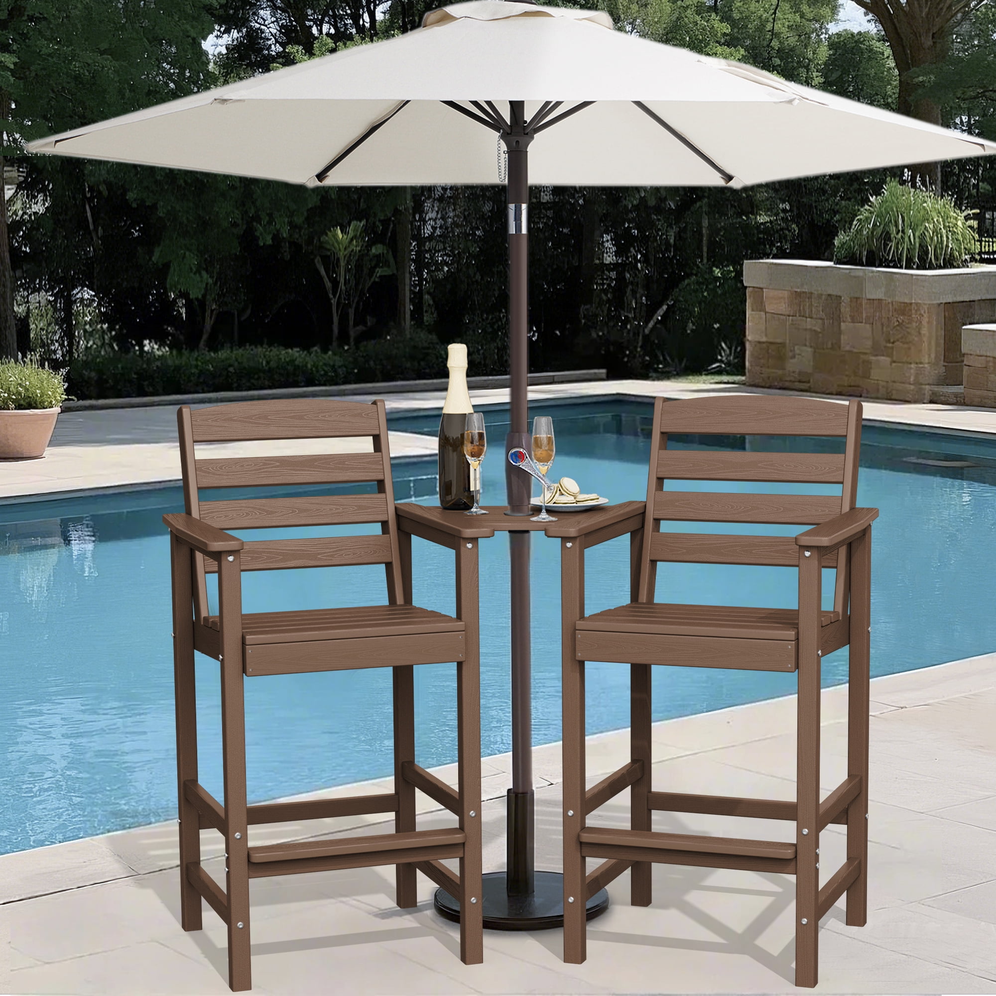 LOYALICE Balcony Chair Set of 2, Outdoor Adirondack Barstools with Connecting Tray, Brown