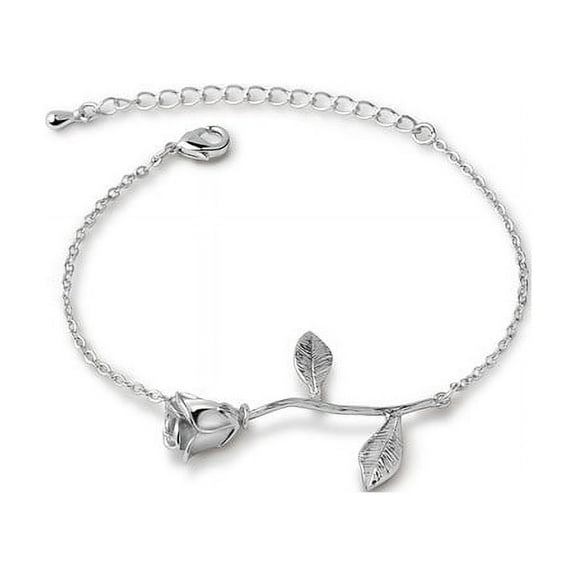 Silver Brass Rose Flower Bracelet Jewelry Valentine's Day Gift Set for Her