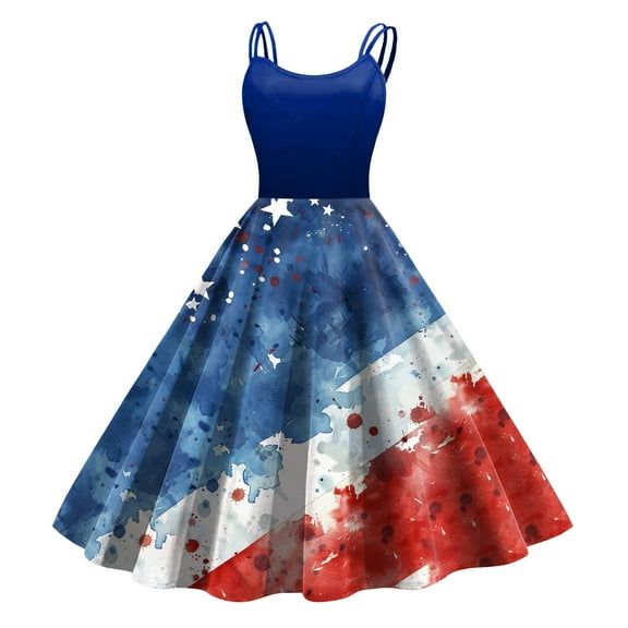 GEWSEY Women's 4th of July American Flag Sleeveless Dress with Pockets (Light Blue, L)