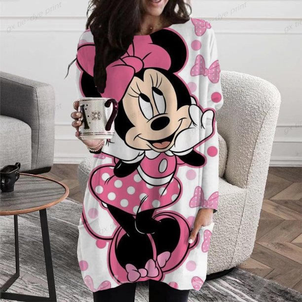 2022 Autumn Women's Pocket Top Tee Shirt Elegant Loose Size Long Sleeve Daily Round Neck Disney Mickey Mouse Print PulloverM Gao Jinjia LED