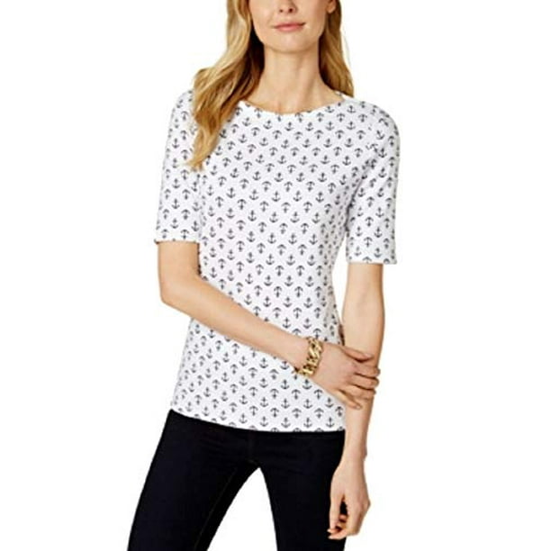 Charter Club - Charter Club Petite Elbow-Sleeve Anchor-Print T-Shirt ...