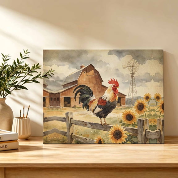Country Rooster Canvas Wall Art, Rustic Yellow Sunflowers Barn Windmill Wall Art Prints Artwork Framed Canvas Ready to Hang Art Pictures for Dining Room Bedroom Study Lounge Nook 18" x 12"