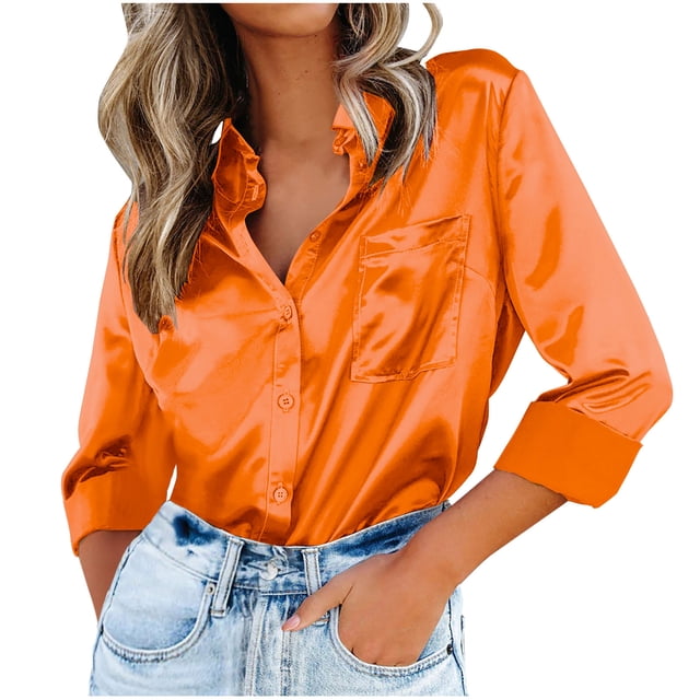 cfhntfmh Long Sleeve Shirts for Women Satin Lapel Collared Buttons down Blouses Fall Soft Plus Size Office Work Tops with Pockets