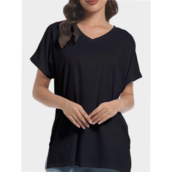 Women's V Neck T Shirts Casual Rolled Short Sleeve Side Split Summer Tops Loose Fit