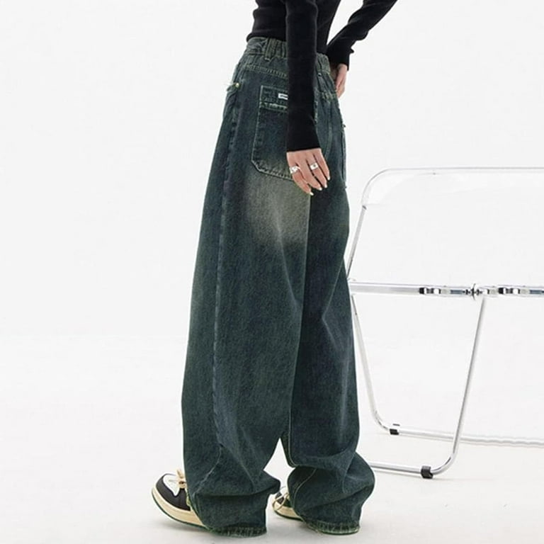 Womens Jeans High Street Wide Leg Baggy Jeans Y2K Hiphop Low
