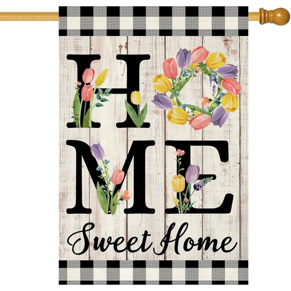 diyeu Spring Summer Tulip House Flag 28 x 40 Inch Double Sided Burlap Home Sweet Home Floral Flower House Flag Summer Holiday Seasonal Outdoor Outside Decoration (Large)