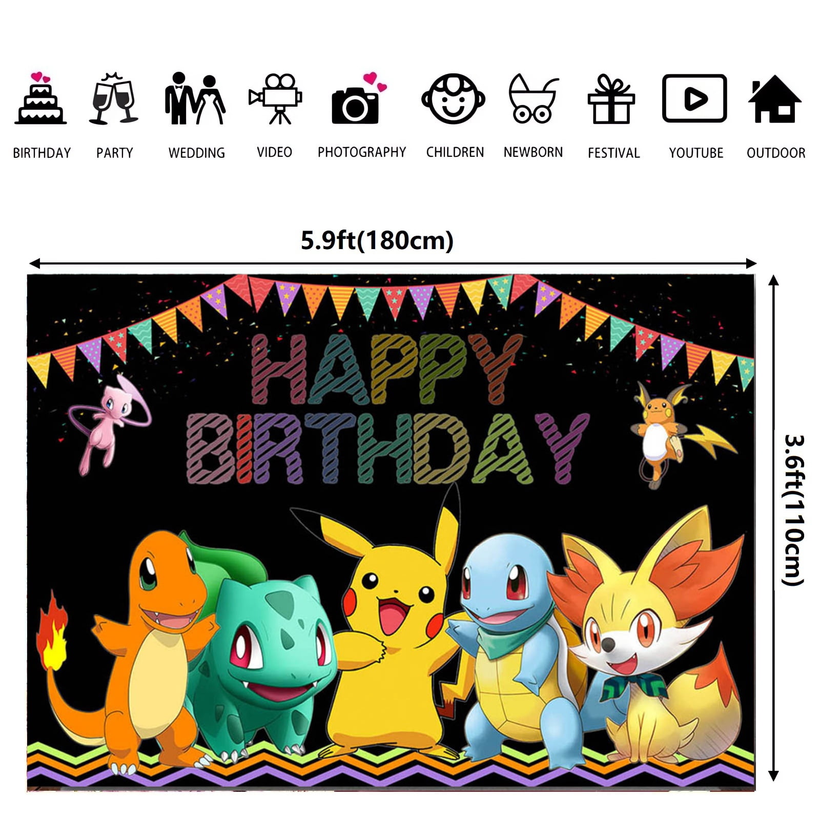 Pokemon Happy Birthday Anime Cartoon Theme Backdrops Banner Birthday Party Decor Supplies,5.9x3.6ft